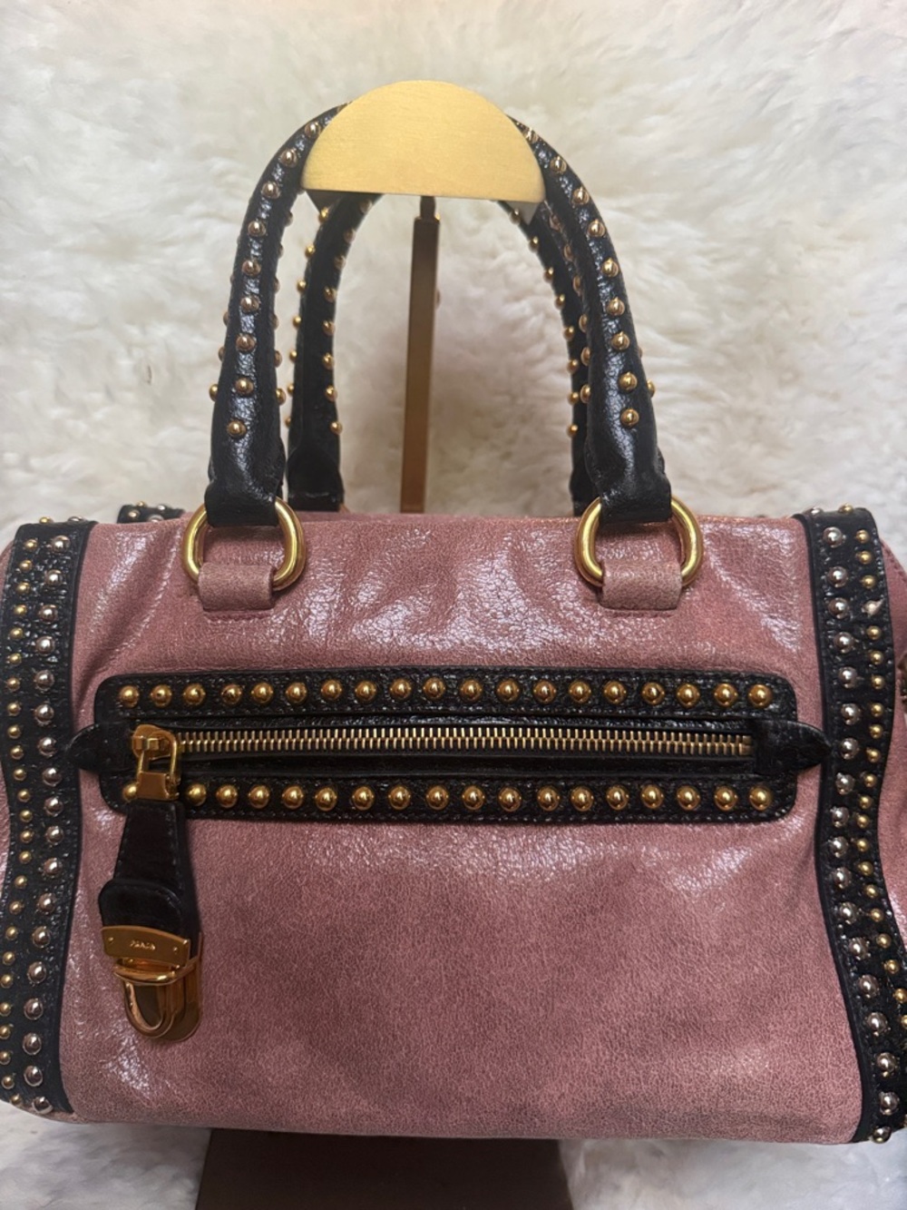 Prada Rose Pink Leather Satchel with Gold Studs and Black Trim & Crossbody Strap